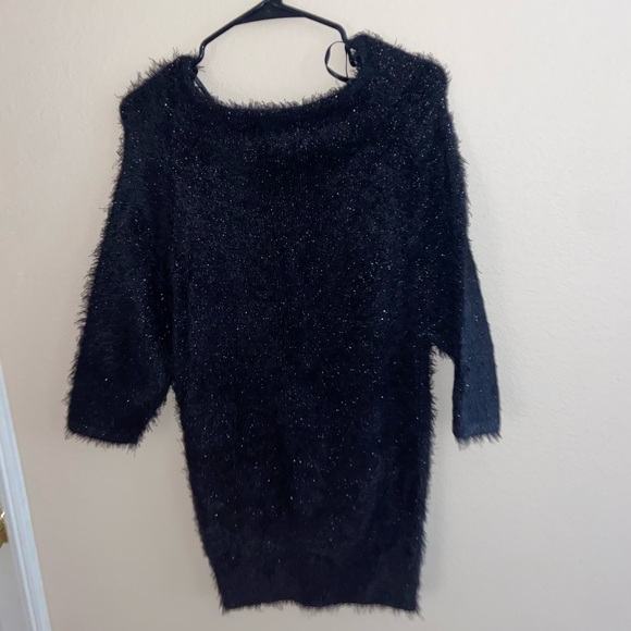 Bebè designer black fur fuzzy coat mini dress longsleeve sparkles cute pull over - Picture 10 of 11